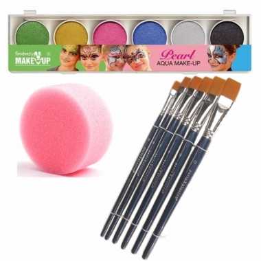 Schmink/grimeer palet 6 glitter kleuren penselen kwastjes/sponsjes